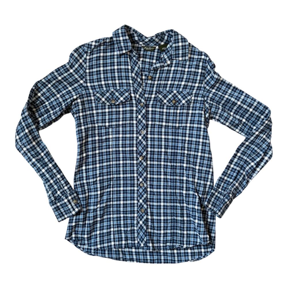 Eddie Bauer XS Womens Blue Plaid 100% Cotton Button Up Long Sleeve Flannel Shirt